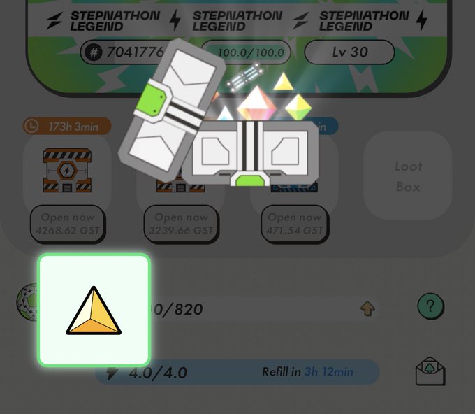 A Stepn app interface showing loot boxes, level 30 status, and a glowing gem icon.