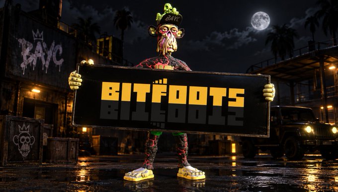A 3D-rendered monkey character holding a 'BITFOOTS' sign at night with BAYC branding.