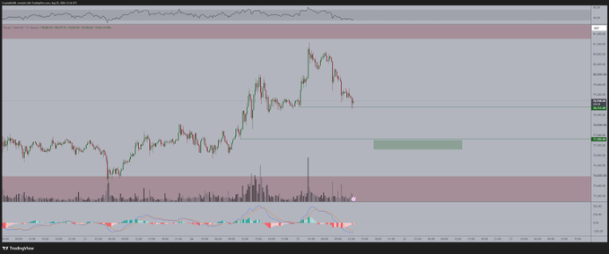 A TradingView candlestick chart for DEU30 (labeled "Germany 30 Cash Index") displays a recent price peak followed by a sharp decline into a highlighted horizontal support zone, with a small green demand block marked to the right, visually aligning with the caption's analysis of a key Bitcoin holding area and potential support levels at $77,100 and $76,400, with a bullish target of $82,700.