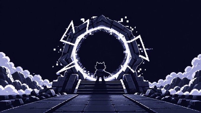 Pixel art of a cat-like character standing at the base of a glowing portal framed by stone arches.