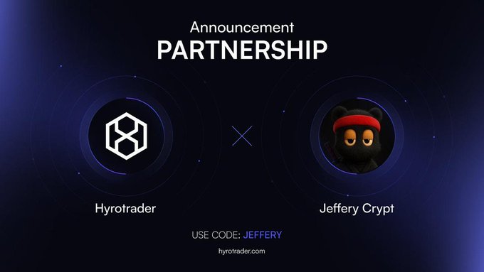 A partnership announcement graphic featuring the Hyrotrader logo and a cartoon black cat character labeled "Jeffery Crypt" against a dark blue background, promoting the use of code "JEFFERY" at hyrotrader.com, which aligns with the post's mention of partnering with @hyrotrader_com.