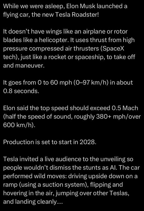 A block of text claiming Elon Musk launched a flying Tesla Roadster with compressed air thrusters, 0–60 mph in 0.8 seconds, top speed above 0.5 Mach, production starting in 2028, and a live unveiling stunt.