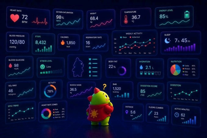 A health dashboard displaying various metrics including heart rate (72 BPM), oxygen saturation (98%), weight (68.4 kg), temperature (36.7°C), energy level (85%), blood pressure (120/80), steps (8,432), sleep (7h 45m), and nutrition data, with a small green cartoon character in the center.