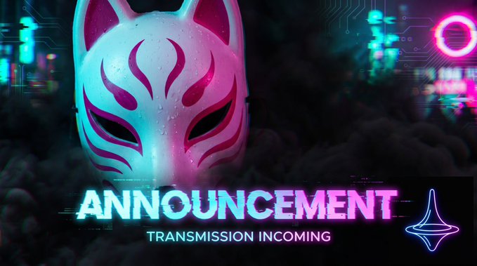 A glowing white fox mask with pink and purple tribal markings hovers in a cyberpunk-style neon-lit digital environment, with the bold text "ANNOUNCEMENT" and "TRANSMISSION INCOMING" displayed below, accompanied by a stylized Ethereum logo—visually reinforcing the post's teaser about an upcoming broadcast.