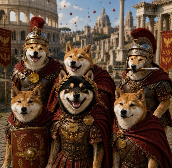 A group of Shiba Inu dogs dressed as Roman soldiers and commanders stand in front of the Colosseum, with one dog wearing a laurel wreath and armor labeled "MANYU."