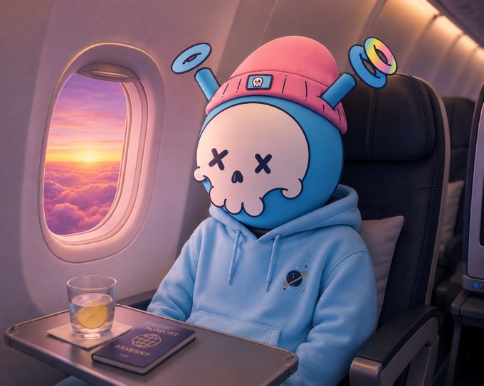 A 3D-rendered cartoon character with a skull face and blue hoodie sits in an airplane seat by the window, looking at a sunset over the clouds, with a glass and passport on the tray table.
