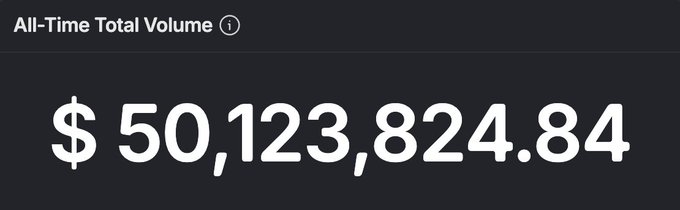 Dark screen displaying 'All-Time Total Volume' of $50,123,824.84.
