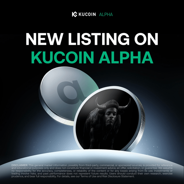 A KuCoin Alpha promotional announcement for a 'NEW LISTING' featuring two coin-like objects, one with a 'a' symbol and another depicting a figure with horns.