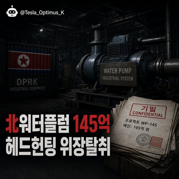 A promotional image featuring an industrial water pump with a North Korean flag on a container, alongside Korean text reading '노워터플랩 145억 헤드헌팅 위장탈취' and a confidential document labeled '프로젝트 WP-145 예산: 145억 원'.