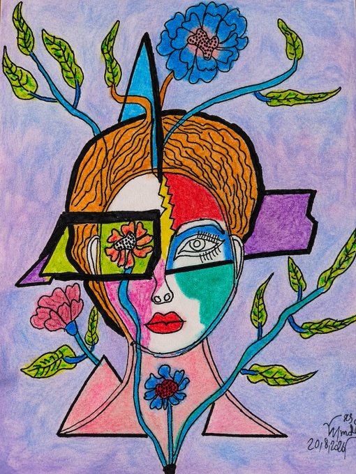 A colorful cubist-style artwork depicting a stylized female face with orange hair, red lips, and flower motifs, signed 'Winston 20/8/26' in the bottom right corner.