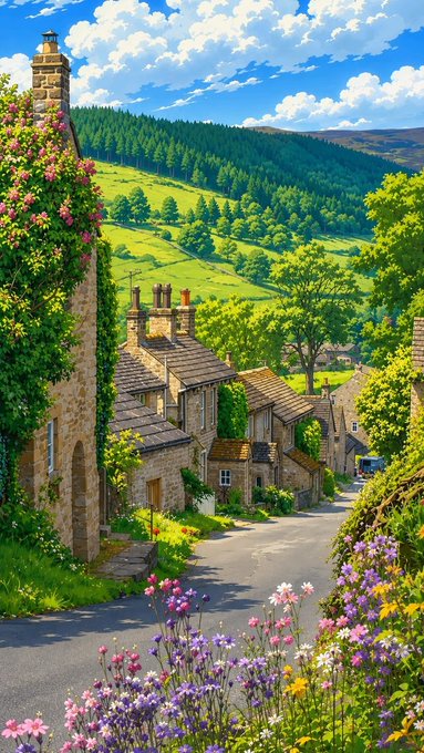 A picturesque countryside village scene with stone cottages, vibrant green hills, and wildflowers lining a winding road.