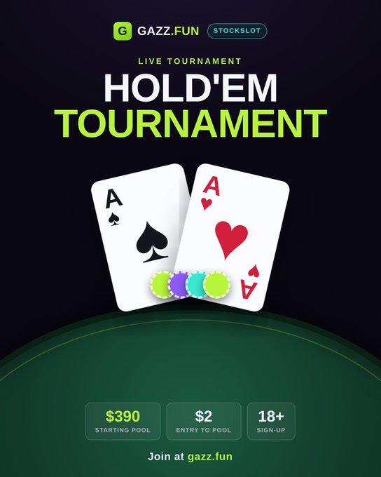 A promotional graphic for a Gazz.fun Hold'em Tournament features two aces (spades and hearts) with colorful chips, advertising a $390 starting pool, $2 entry, and 18+ sign-up. The image is unrelated to the accompanying post about Robinhood Chain's on-chain investment funds, serving as a separate casino gaming advertisement.