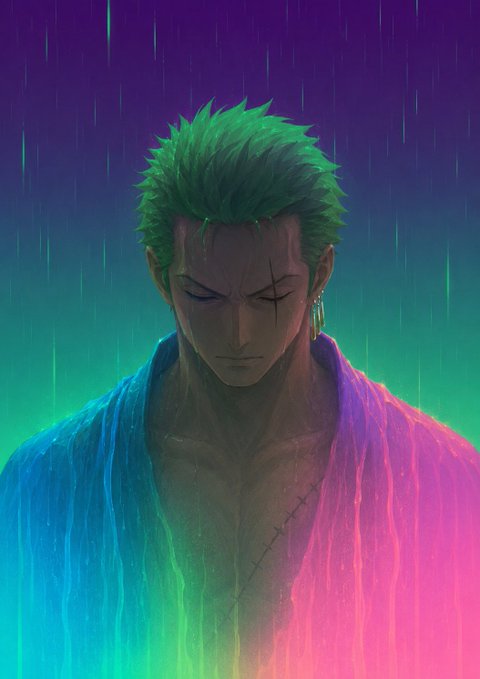 A digital illustration of a green-haired anime character with glowing eyes and a scar, wearing a colorful robe against a rainy, gradient background.
