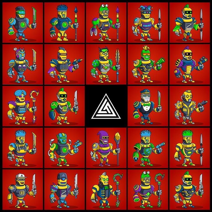 A 5x5 grid of colorful cartoon robot warriors with various weapons (swords, spears, blasters) against red backgrounds, with a triangular logo in the center cell.