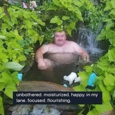 A humorous image showing a large man relaxing in a small backyard pond surrounded by greenery, with text reading 'unbothered. moisturized. happy. in my lane. focused. flourishing.'