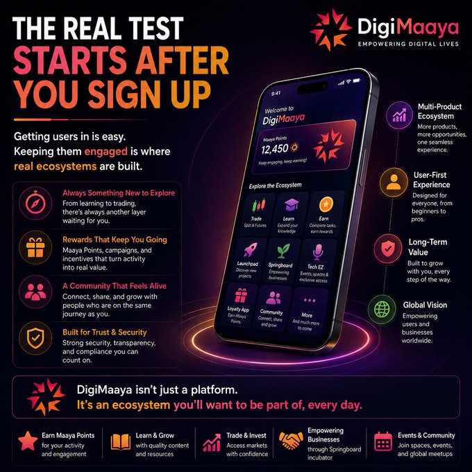 A promotional advertisement for DigiMaaya with the tagline 'THE REAL TEST STARTS AFTER YOU SIGN UP,' showcasing a smartphone displaying the app's ecosystem interface with features like Maaya Points, Trade, Learn, and Earn, along with bullet points highlighting user engagement and rewards.