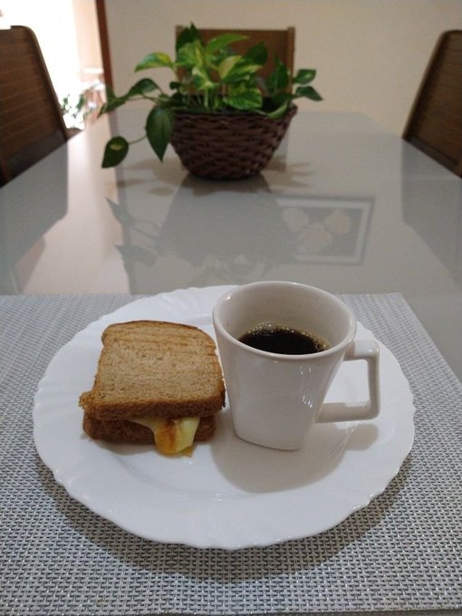 A simple breakfast on a white plate featuring a toasted cheese sandwich and a white mug of black coffee, set on a dining table with a potted green plant in the background.