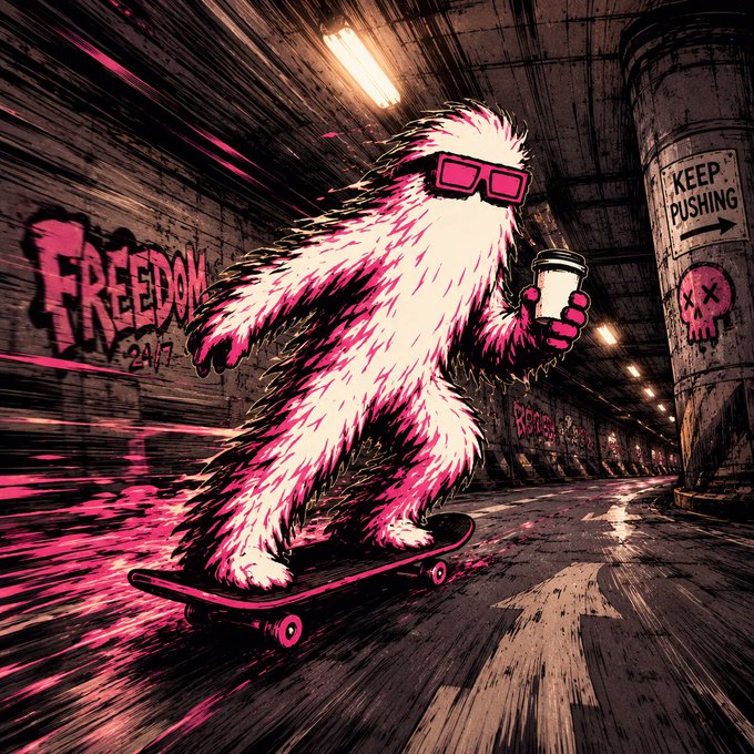 An illustrated pink yeti-like creature wearing sunglasses rides a skateboard through a graffiti-covered tunnel while holding a coffee cup, with 'FREEDOM' and 'KEEP PUSHING' signage visible.