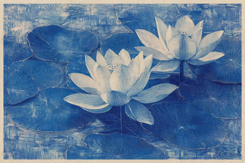 A cyanotype-style blue and white illustration depicting two blooming lotus flowers resting on lily pads.