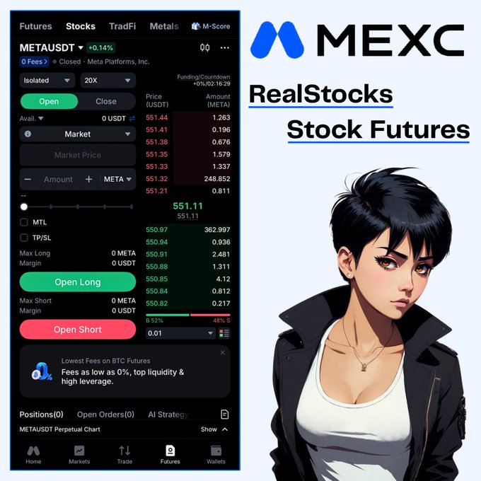 A promotional image for MEXC RealStocks featuring a stock futures trading interface for 'METAUSDT' alongside an anime-style female character illustration.