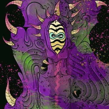 A vibrant purple and green psychedelic illustration of a mystical horned figure with a striped mask and tentacle-like flowing hair on a black background.