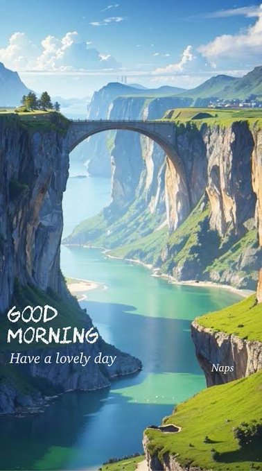 A scenic digital illustration of a stone bridge arching over a turquoise river in a mountainous valley, with the text 'GOOD MORNING Have a lovely day' and 'Naps' overlaid.