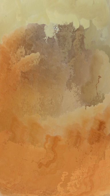 The image shows an abstract watercolor or fluid art composition with earthy tones of orange, rust, ochre, and muted yellow blending together in soft, cloud-like washes, evoking a stormy or atmospheric landscape. The artwork "2026-09-02" by @alexmayarts, collected on @objktcom, exemplifies the artist's signature style of evocative, nature-inspired abstract pieces.