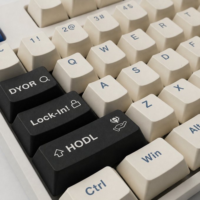 A close-up of a keyboard with custom keys reading 'DYOR', 'Lock-In!' with a padlock icon, and 'HODL' with an upward arrow, replacing typical keys near the Shift and Ctrl buttons.
