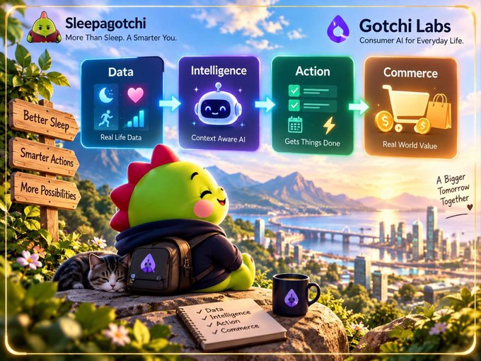A promotional graphic for Sleepagotchi (tagline: 'More Than Sleep. A Smarter You.') and Gotchi Labs ('Consumer AI for Everyday Life.') showing a flow from Data to Intelligence to Action to Commerce, with a green dinosaur mascot overlooking a cityscape alongside a signpost reading 'Better Sleep, Smarter Actions, More Possibilities' and a notebook listing Data, Intelligence, Action, Commerce.