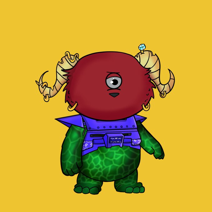A cartoon mascot with a red furry head, golden curled horns, a single large eye, and a green reptilian body wearing a purple studded vest stands against a yellow background, illustrating the "horned Mimu on Ape" NFT referenced in the post about welcoming new members to the cult.