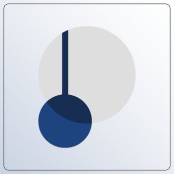 An abstract minimalist logo featuring a dark blue circle with a vertical line extending upward, set against a light blue background with a larger pale circle.