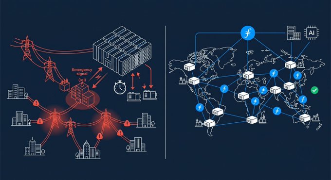 The image is a split-panel illustration: the left side shows a centralized grid of power transmission towers, data centers, and city buildings linked to a single "Emergency signal" node, representing vulnerability under a DoE rule requiring facilities over 50 MW to shift to backup power in 15 minutes or trigger PJM rolling blackouts across 13 states and 67 million people; the right side depicts a decentralized world map with distributed Filecoin nodes connected globally with "AI" labeling, illustrating that Filecoin's worldwide storage network avoids the single-point-of-failure risk that centralized data centers face.