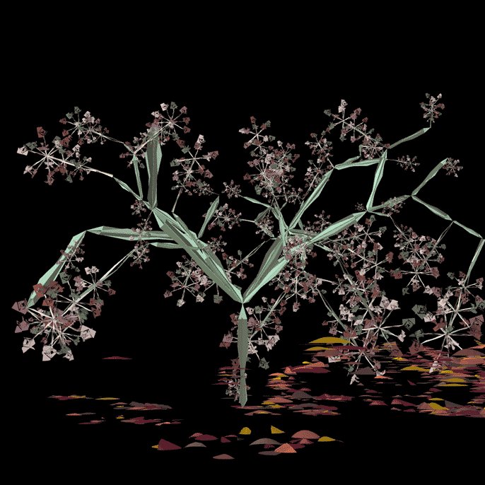 The image features a 3D rendering of a tree with pink flowers, set against a black background. The tree has branches extending outwards from its center, creating an intricate pattern that adds depth and complexity to the scene. The flowers are scattered throughout the tree's structure, adding a touch of color and life to the otherwise dark setting. The image is accompanied by a caption that reads "Autumn" in white text at the bottom right corner, suggesting it was generated during the fall season.