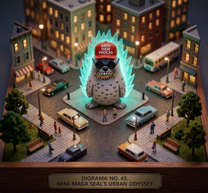 Miniature diorama titled 'DIORAMA NO. 45: MINI-MAGA SEAL'S URBAN ODYSSEY' featuring a small seal character wearing a red 'ARF DIEM PHOCAS' cap and gold chains, glowing with a blue aura in a city street scene.