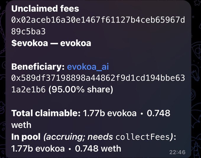 "Unclaimed fees are ready to be claimed, fam! The following post says that @evokoa_ai charges $0.77 for each of its users' claims. @bankrbot also has an account with @evokoa_ai, and they have been waiting for this user to claim their share, so the fees will soon be put back to work."