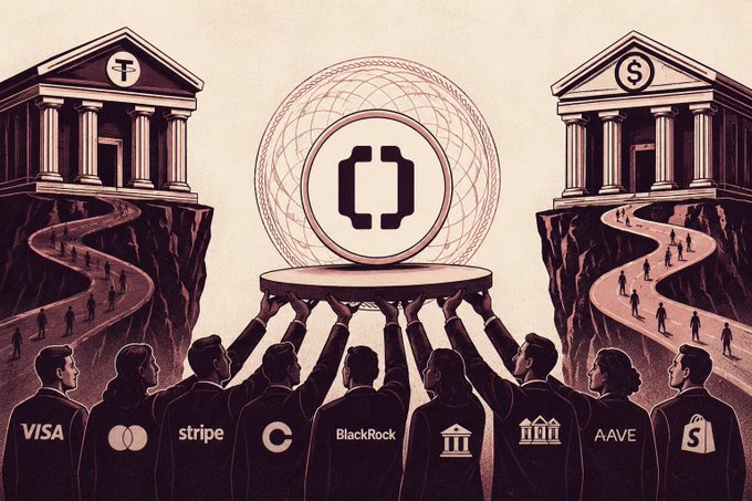 A symbolic illustration of figures labeled Visa, Mastercard, Stripe, Circle, BlackRock, a bank, Aave, and a bank silhouette jointly holding up a platform with a central token symbol between two classical buildings marked T and $.