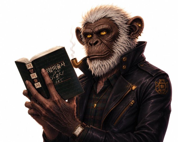 A detailed digital illustration of a chimpanzee smoking a pipe and reading a book titled 'THE STORY OF ART' with Korean text on the spine.