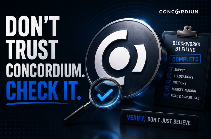 A cryptocurrency promotional graphic with the text 'DON'T TRUST CONCORDIUM. CHECK IT.' featuring a magnifying glass, Blockworks B1 filing clipboard marked COMPLETE, and the tagline 'VERIFY, DON'T JUST BELIEVE.'