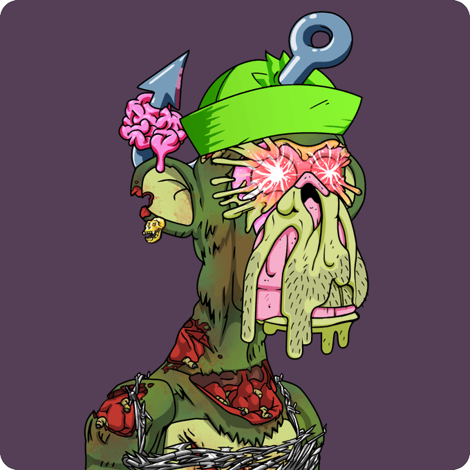 A grotesque cartoon illustration of a zombie-like character with a green head covering, exposed brain, bleeding eyes, and a sword pierced through its head, sitting on what appears to be barbed wire.
