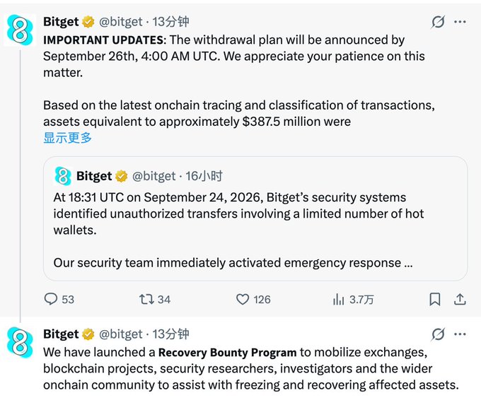 A Twitter/X thread screenshot from 'Bitget' (@bitget) announcing important updates regarding unauthorized transfers totaling approximately $387.5 million and the launch of a 'Recovery Bounty Program'.
