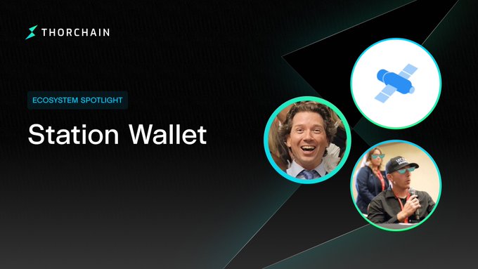 A THORChain "Ecosystem Spotlight" promotional graphic for the upcoming appearance of Station Wallet, featuring circular portraits of Kenton and patriotsounds alongside the Station Wallet logo, advertising a Saturday podcast at 10AM EDT/2PM UTC.
