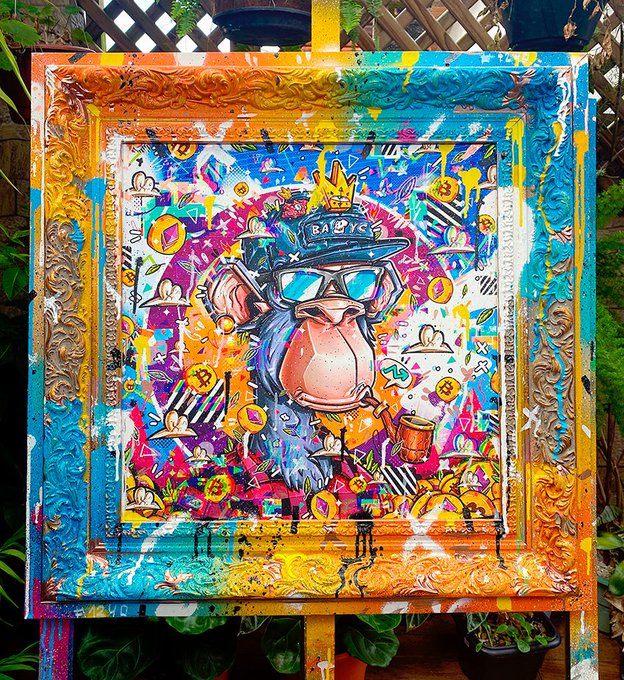 A vibrant, graffiti-style painting of a cool, sunglasses-wearing Bored Ape NFT (#1240 from the 2023 collection, owned by @NickJames2021) displayed in an ornately decorated, paint-splattered frame, blending street art aesthetics with the iconic ape imagery from the Bored Ape Yacht Club series.