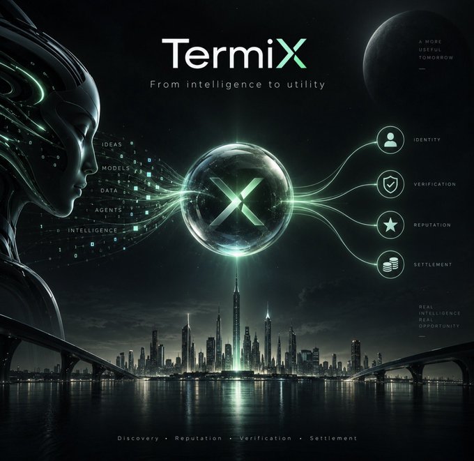 A futuristic advertisement for 'TermiX' featuring the tagline 'From intelligence to utility' displays a robotic figure, a glowing X orb, and a sci-fi cityscape, highlighting features like Identity, Verification, Reputation, and Settlement.