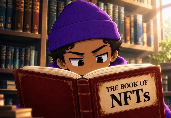 Anime-style illustration of a character wearing a purple beanie reading a red leather-bound book titled "THE BOOK OF NFTs" in a library setting.