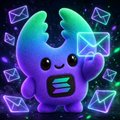 A cute kawaii-style character with dragon-like wings and a gradient purple-to-teal color scheme, featuring an equals sign on its belly, surrounded by floating envelopes, suggesting a messaging or email-themed sticker.