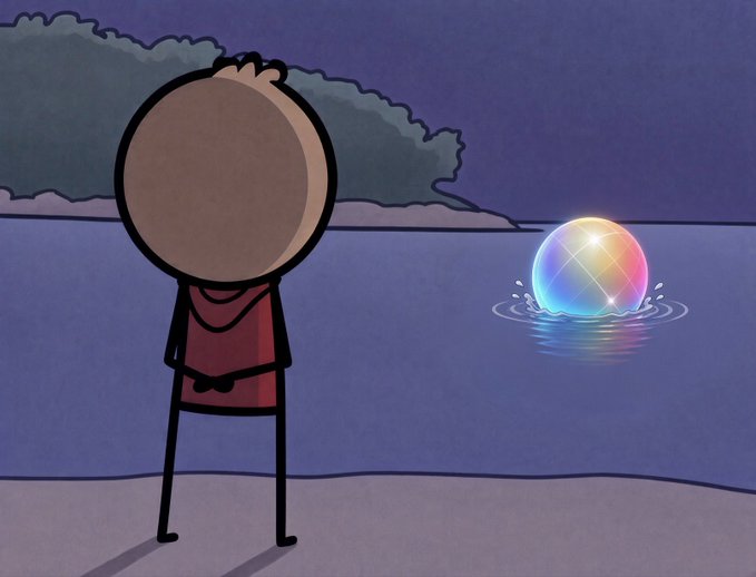 Cartoon illustration of a stick figure character with a large round head standing by water at night, gazing at a glowing, colorful disco ball floating on the surface.
