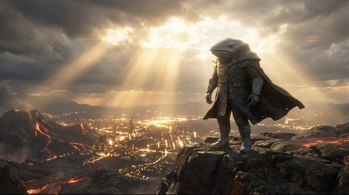 The image features a man standing on a cliff, overlooking a city below him. The sun is shining brightly from behind him, creating a beautiful backdrop for his position. There are also some lava flows visible in the background, adding an element of danger or adventure to the scene.