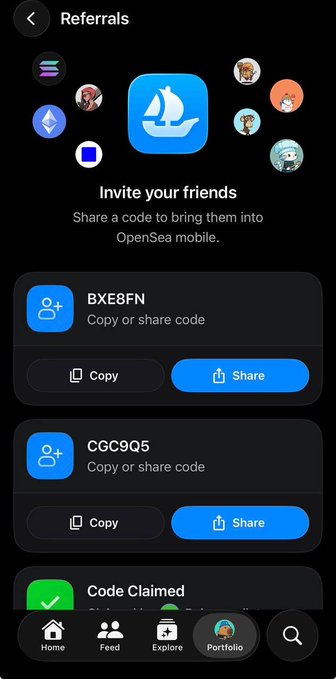 A screenshot of the OpenSea mobile app's Referrals page, showing invite codes BXE8FN and CGC9Q5 with Copy and Share options.