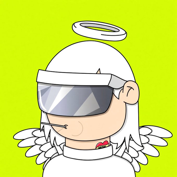A cartoon character with angel wings, a halo, and large futuristic visors is shown in front of a green background, featuring a small heart tattoo reading "MOM" on the neck, fitting the angelic theme of the NFT minting announcement.