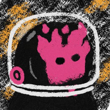 A stylized, textured digital artwork shows a white-outlined helmet or visor framing a bright pink, spiky creature face with two simple eyes, set against a black and orange grungy background.